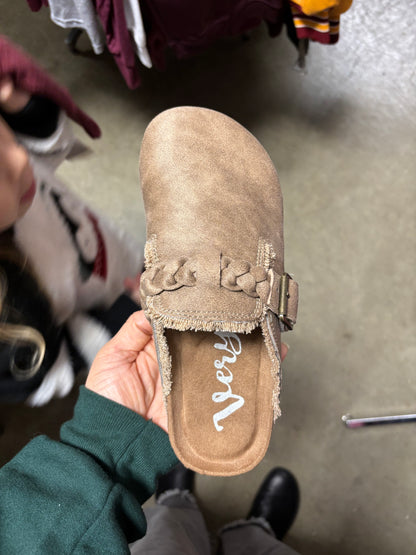 Beige Braided Buckle Clogs