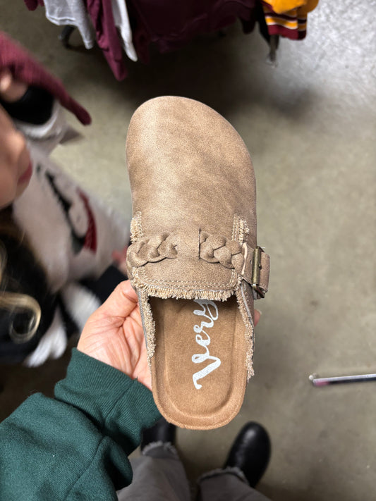 Beige Braided Buckle Clogs
