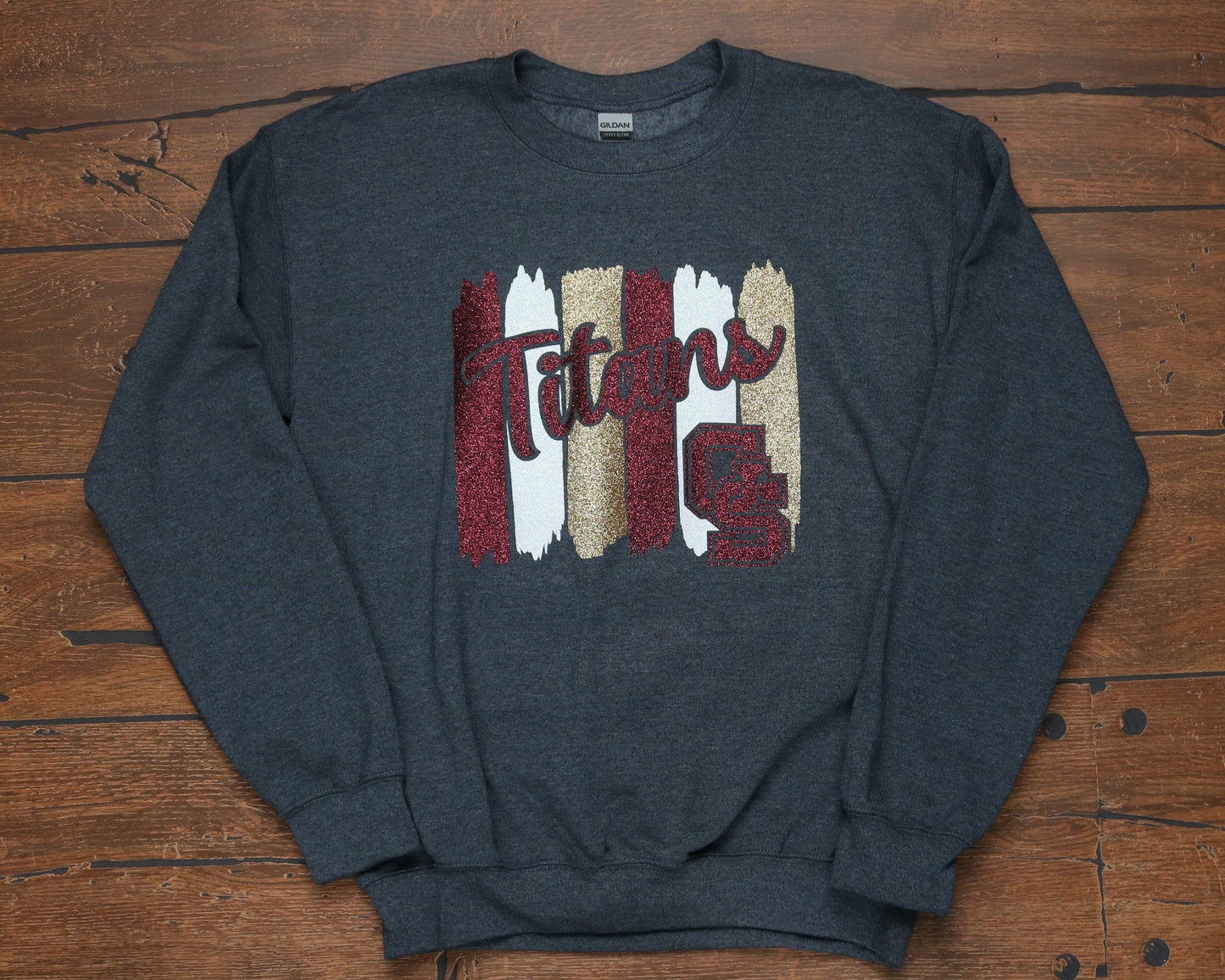Dark grey heather crew glitter paint strokes with script Titans